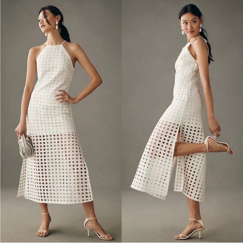 Vinnet Bahl Anthropologie white eyelit halter dress